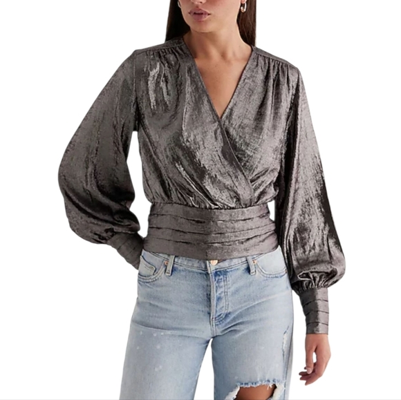 Express Tops - Express Metallic V-Neck Balloon Sleeve Faux Wrap Top Size Large New